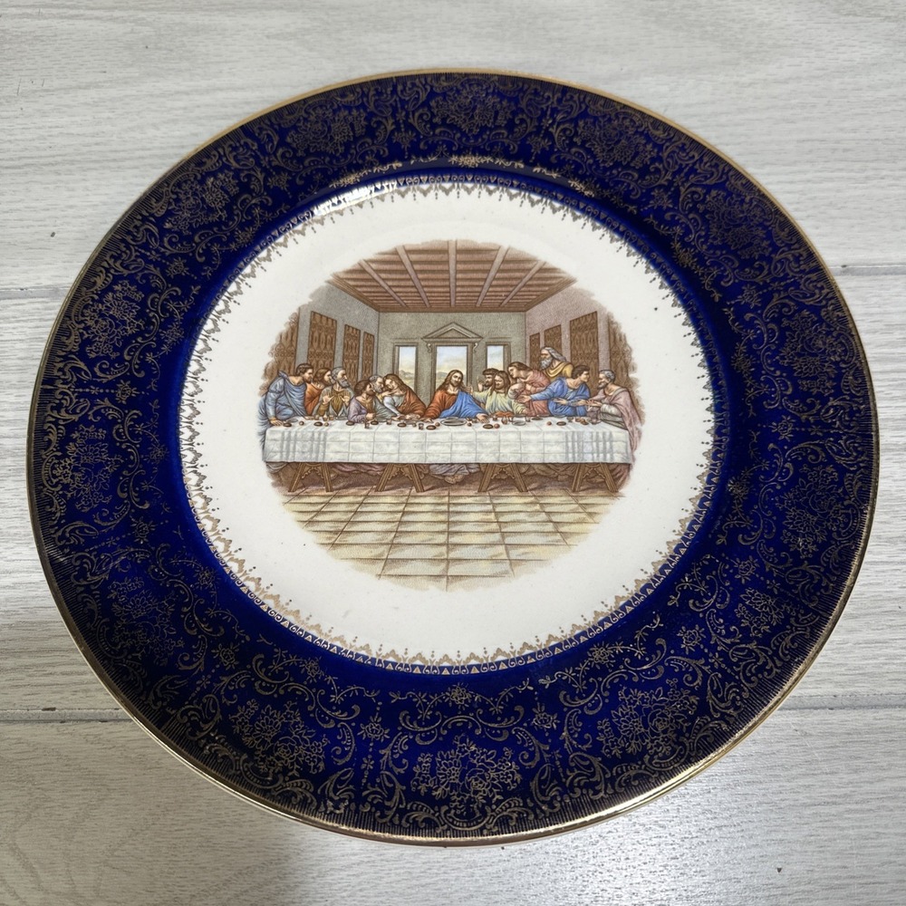 IMPERIAL SALEM China Co. USA 11" Service Plate Blue Last Supper 23 Karat Gold